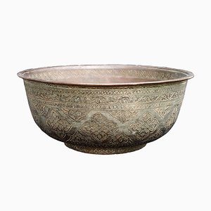 Large Antique Islamic Engraved Tinned Copper Bowl, 1890s