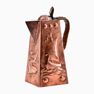 Arts & Crafts Copper Water Jug with Galleons and Fish from Newlyn, 1890s