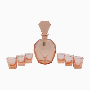 Art Deco Pink Glass Liquor Decanter and Glasses, Czech Republic, 1930s, Set of 7