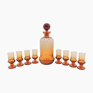 Art Deco Amber Glass Liquor Decanter and Glasses, Czech Republic, 1930s, Set of 9