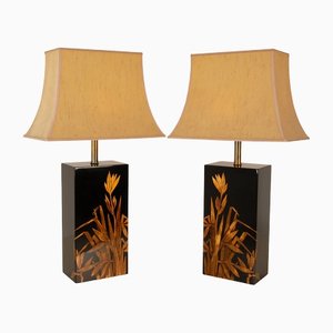 Chinoiserie Pagoda Table Lamps in Gold and Black Lacquer by Jean Claude Mahey, 1970s, Set of 2