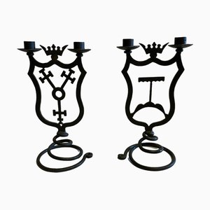 Black Wrought Iron Candleholders with Coats of Arms, Set of 2