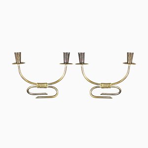 Mid-Century Modern Silver Plated Brass Candleholders by Aldo Tura for Macabo, 1940s, Set of 2