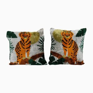 Silk and Velvet Square Tiger Cushion Covers, Set of 2