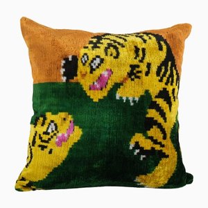 Square Fighting Tiger Ikat Velvet Pillow, Handwoven Silk Velvet Cushion Cover, Animal Motif Designer Pillow 15 X 15, 2010s