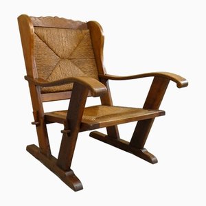 Set of Oak and Straw Armchairs, France, 1950s