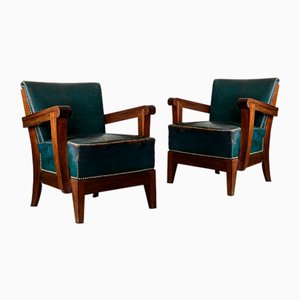 Art Deco Armchairs in Mahogany and Leather, France, 1930s, Set of 2