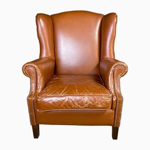 Vintage Cognac Leather Wingback Armchair