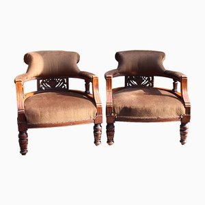 Victorian Mahogany and Brown Velvet Tub Chairs, 1890s, Set of 2