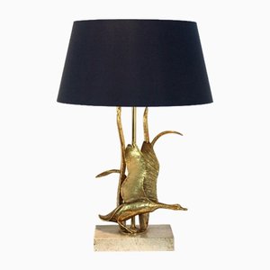 Gilt Metal and Travertine Wild Duck Table Lamp, 1970s