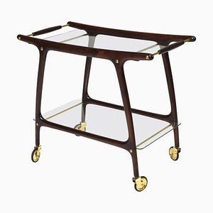 Bar Cart in Ebonised Mahogany, Brass and Glass attributed to Cesare Lacca, Italy, 1950s