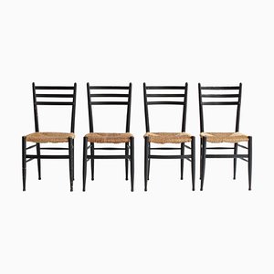 Black Dining Chairs with Woven Seagrass Seats attributed to Gessef, Italy, 1960s, Set of 4