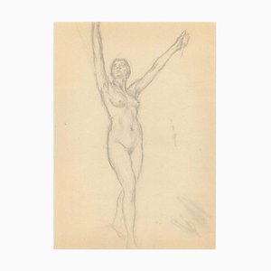 Paul Grain, Standing Figure with Arms Upward, Pencil Drawing, Early 20th Century