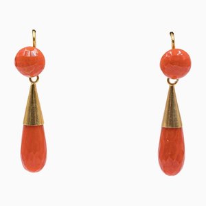 18 Karat Yellow Gold Earrings with Red Coral, 1950s, Set of 2