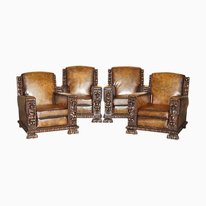 Club Armchairs with Gothic Carved Panels, 1900s, Set of 4