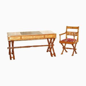 Anglo Indian Military Campaign Trestle Desk & Armchair in Hardwood & Brass, Set of 2