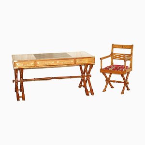 Bureau et Fauteuil Anglo Indian Military Campaign en Bois Dur et Laiton, Set de 2