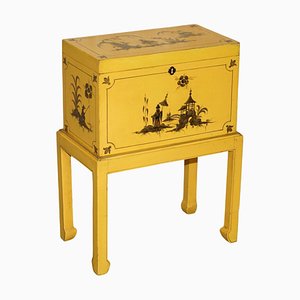 Japanned Yellow Oriental Side Chest on Stand Hand Painted & Lacquered, 1920s