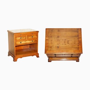 Vintage Burr Yew Wood Bedside Table with Drawers with Butlers Serving Tray