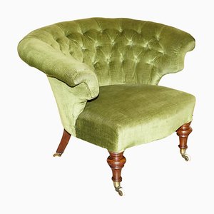 Regency Chesterfield Walnut Framed Green Library Tub Armchair, 1820s