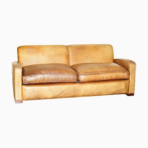 Art Deco Hand Dyed Brown Leather Three Seat Sofa with Feather Filled Seat in the style of Odeon