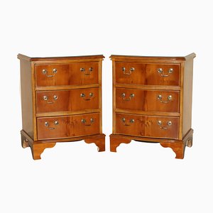 Bow Fronted Burr Yew Wood Chest of Drawers, Set of 2