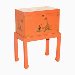 Japanned Oriental Side Table Chest on Stand Hand Painted and Lacquered by Charles & Ray Eames, 1920s