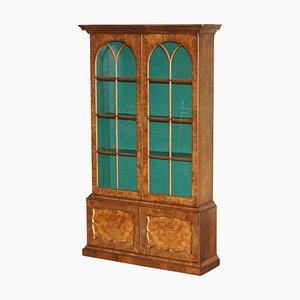 Victorian Burr Walnut Library Bookcase with Gothic Glazed Doors, 1880s