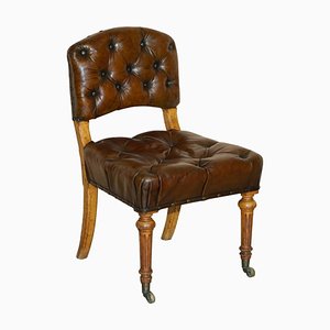 Chaise de Bureau Chesterfield Regency Antique en Cuir Marron et Chêne, 1820s