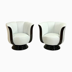 Art Deco Revolving White and Macassar Tulip Shaped Club Chairs, 2020, Set of 2