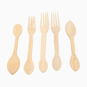 Rustic Traditional Hand-Carved Forks and Spoons, 1950s, Set of 5