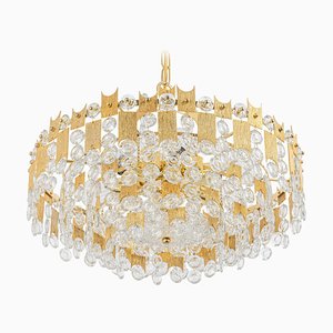 Large Gilt Brass and Crystal Glass Chandelier attributed to Palwa, Germany, 1960s