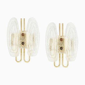 Murano Ice Glass and Brass Sconces attributed to Hillebrand Leuchten, Germany, 1970s, Set of 2