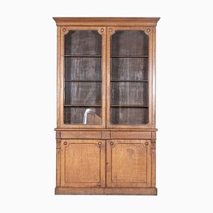 Tall English Glazed Oak Bookcase Cabinet, 1890s