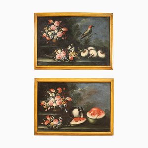 Italian Artist, Still Life with Flowers and Fruit, 1730, Oil on Canvas, Framed, Set of 2