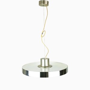 Italian Chrome-Plated, Painted Metal and Glass Pendant Lamp, 1970s
