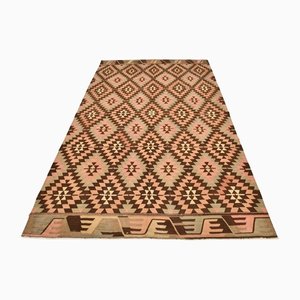 Brauner & lachsfarbener Kelim Teppich mit geometrischem Muster, 1960er