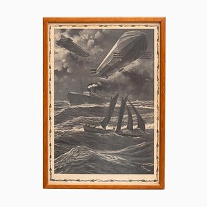 Spanish Artist, Scene with Marine Vessels & Airships, 1920s, Framed