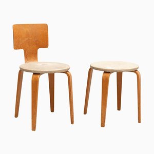 Plywood and Upholstery Chair and Stools attributed to Cor (Cornelius Louis) Alons for Den Boer, Set of 2