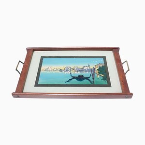Antique Glass and Wood Tray with Venice Landscape, 1930s