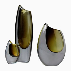 Sommerso Shark Tooth Vases by Gunnar Nylund for Strömbergshyttan, 1950s, Set of 3