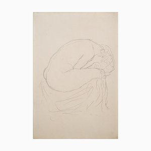 Gustav Klimt, Zusammengekauert sitzender Akt nach rechts, 1908/09, Bleistift auf Papier