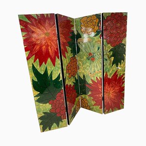 Hand-Painted Four Panel Lacquer Screen, 1970s