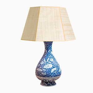 Lámpara china de porcelana azul y blanca, siglo XIX