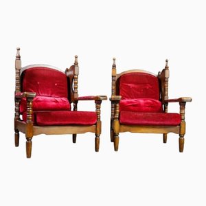 Antique Armchair with Red Upholstery & Oak