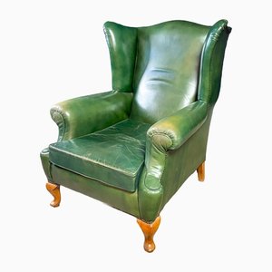 Vintage Green Leather Wingback Armchair