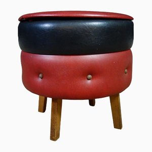 Vintage Red & Black Skai Pouf, 1960s