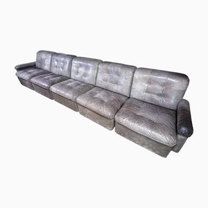 Mid-Century Gray Leather Modular Sofa, Set of 5