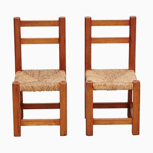 Wood and Rattan Children Chairs, 1960s, Set of 2