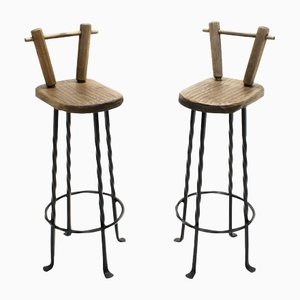 Set of Brutalist Wrought Iron & Oak Bar Stools, 1970s